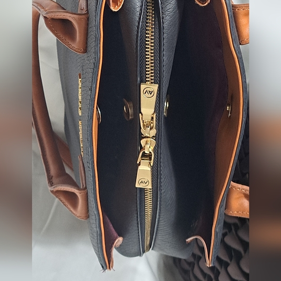 Adrienne Vittadini | Large Black/Brown Faux Leather Dome Satchel Crossbody Bag - Picture 8 of 16